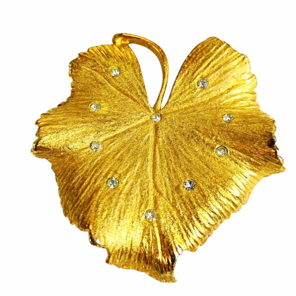 Vintage Coro Brushed Gold Tone Lilly‎ Pad Brooch with Crystals